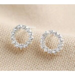 Circle Stud‎ Earrings Silver Tone Rhinestone Halo Minimalist Jewelry